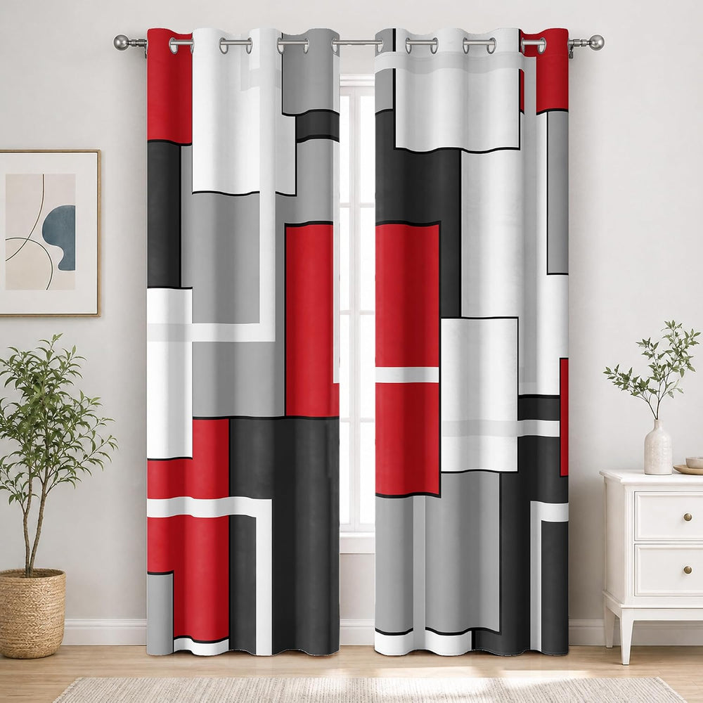 Modern Black Red Curtains, Geometric Blackout Window Panels, 52 x 84 Inch