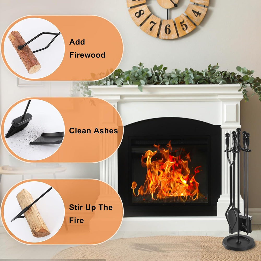 Gtongoko Fireplace Tools Set 5 Pcs 30.5 Inch Black Wrought Iron Large Fire Pl...
