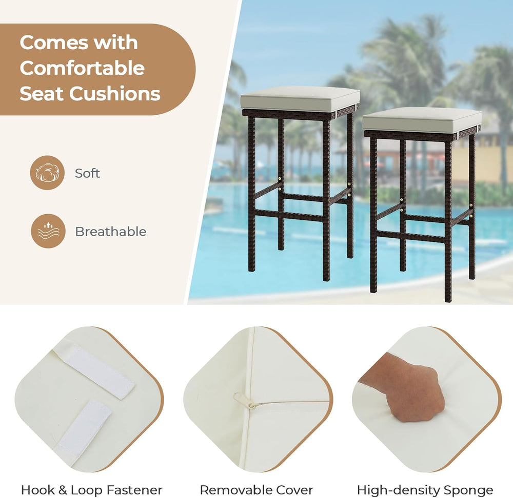 HAPPYGRILL Wicker Bar Stools Set of 4, Bar Height Bistro With Removable Seat ...