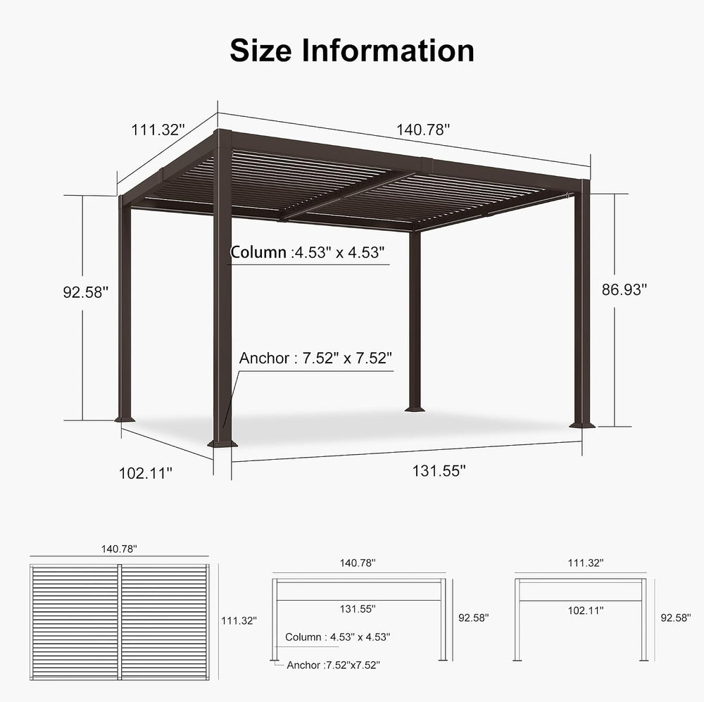 PURPLE LEAF Outdoor Louvered Pergola 10' x 12' Aluminum with LED Bronze