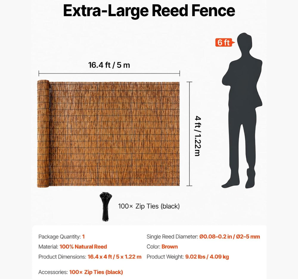 Natural Reed Privacy Fence Screen, 4 ft x 16.4 ft,Brown Bamboo Reed Fencing R...