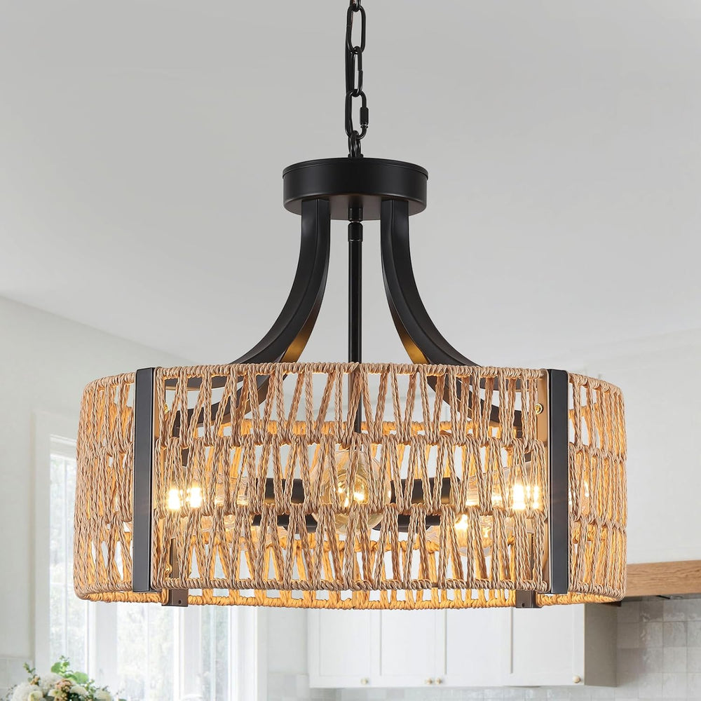 Farmhouse Chandeliers for Dining Room, 5-Light 17.7”Rattan Light Fixture with...