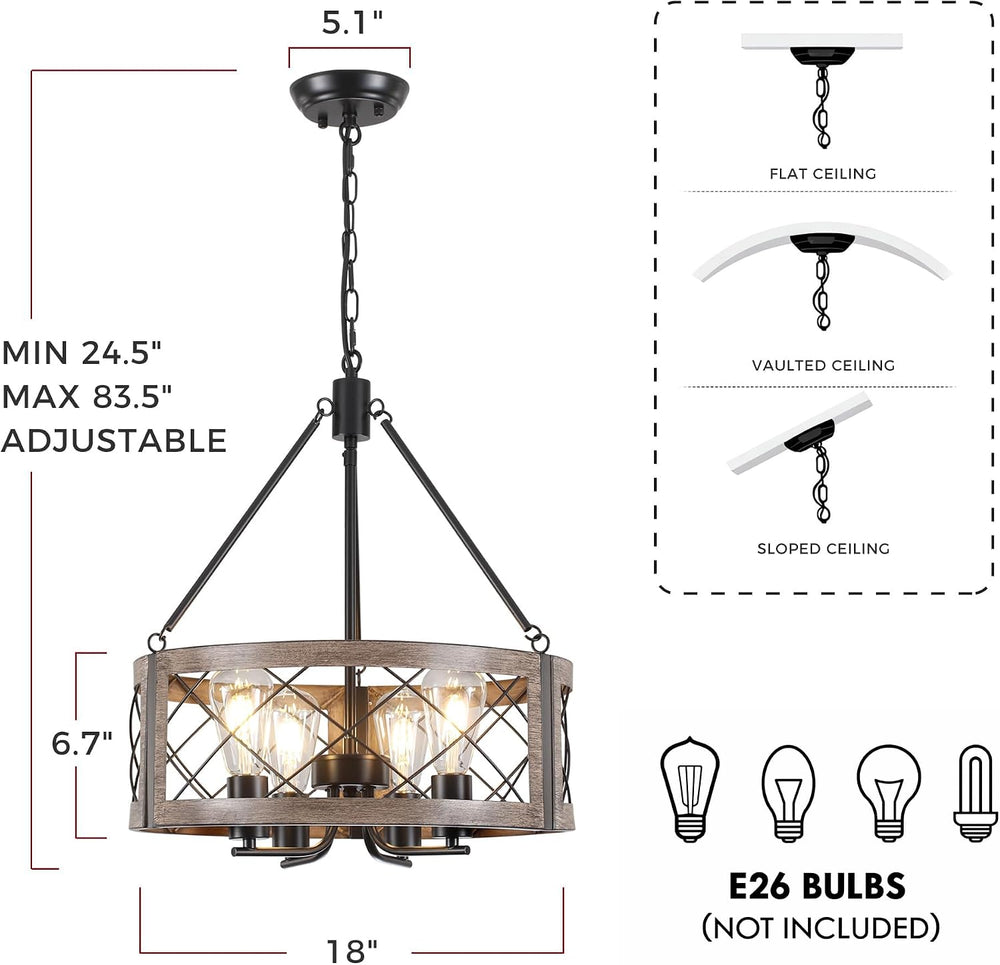 Farmhouse Drum Chandelier for Dining Room, 18" Rustic Black Chandelier w...