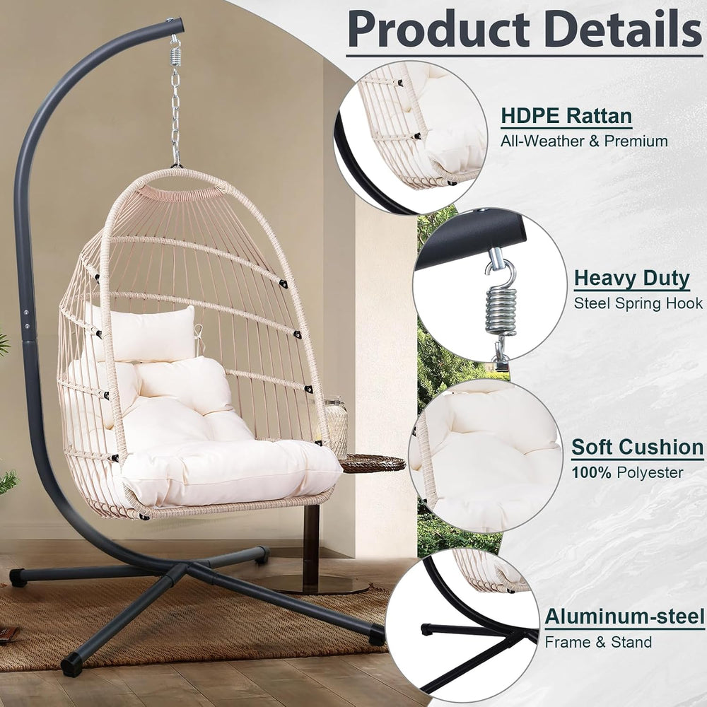 Foldable Hanging Egg Chair with Stand, HDPE Rattan and Heavy Duty Aluminum-St...