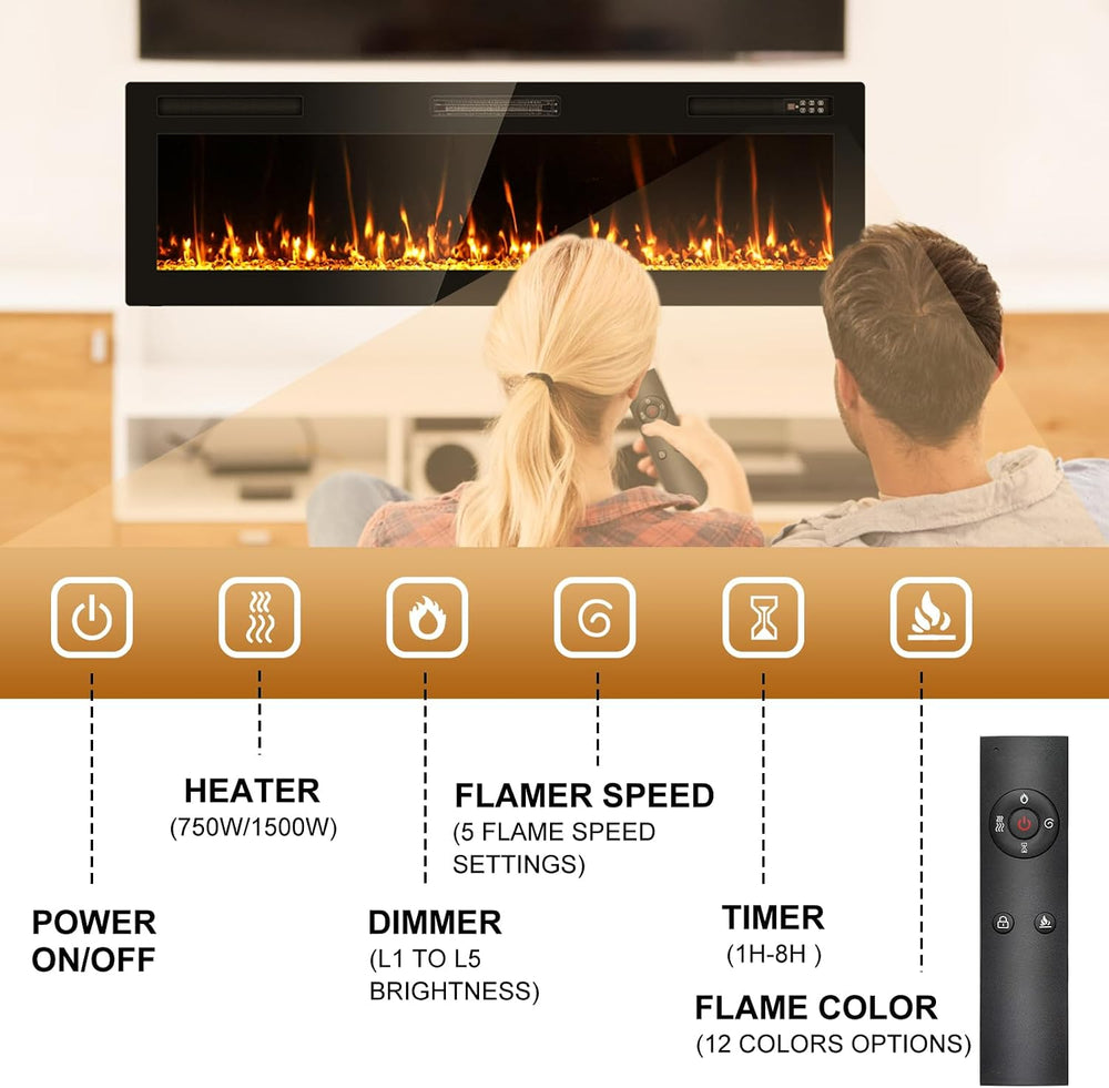 Electric Fireplace 60” Recessed and Wall Mounted Fire Places with Remote Cont...