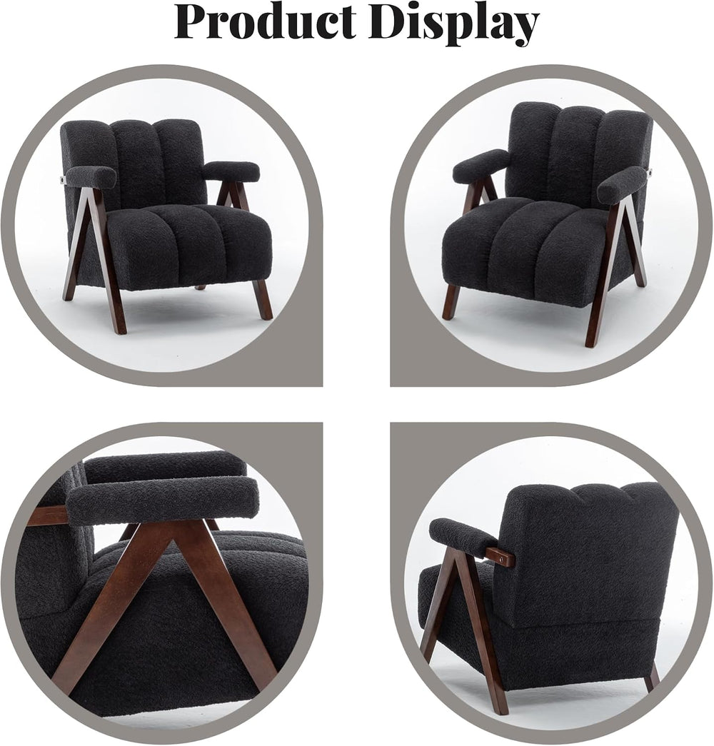 Mid Century Modern Accent Chair with Solid Wood Frame, Boucle Upholstered Liv...