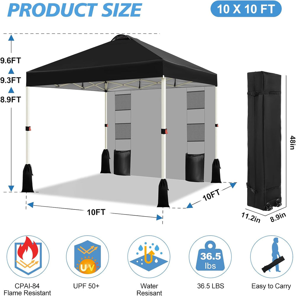 WEIZE 10x10 Pop Up Canopy Tent, 1-Button Push Setup Canopy Tent with 1 Sidewa...