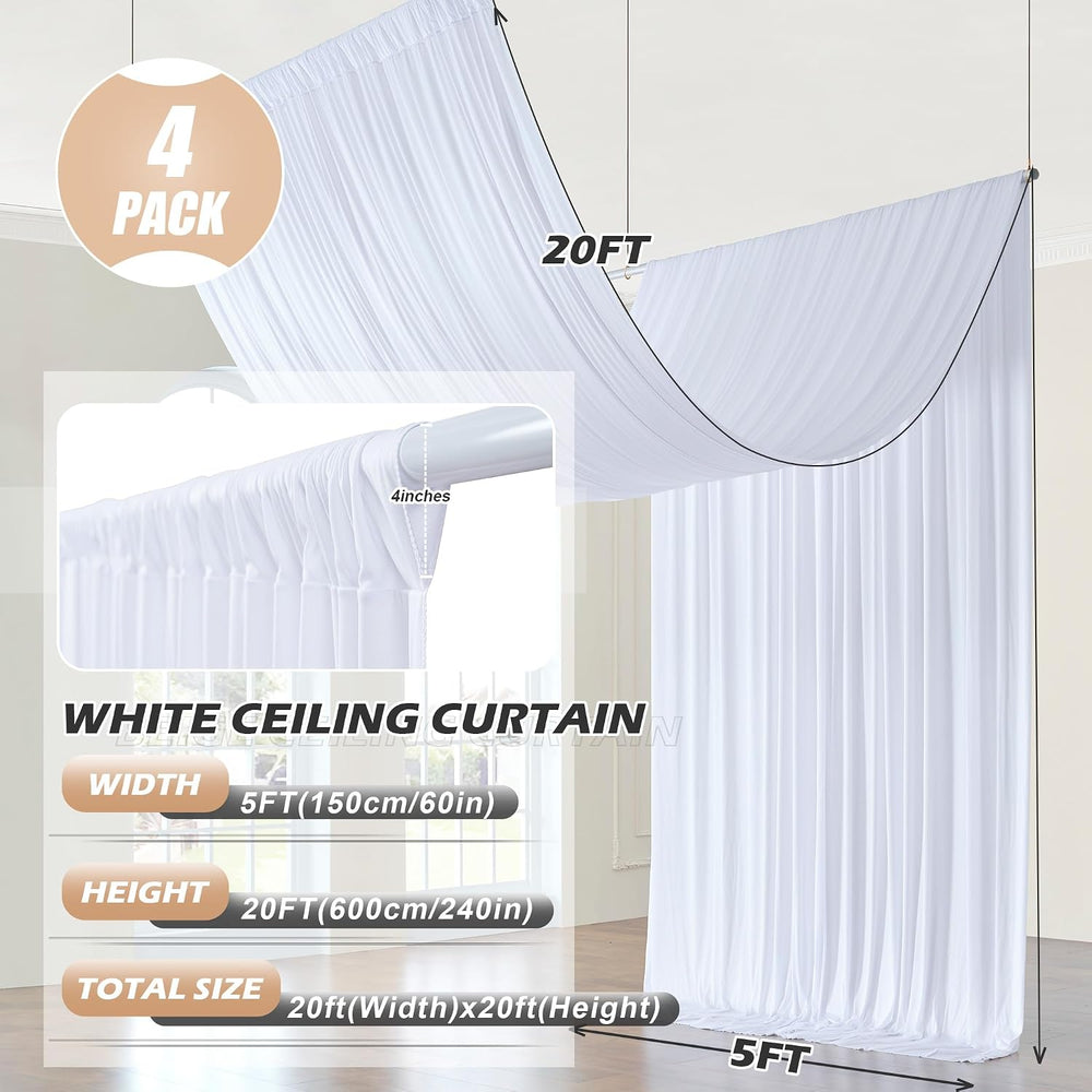 20 ft×20 ft White Ceiling Curtain Drapes for Weddings Parties, Wrinkle Free P...