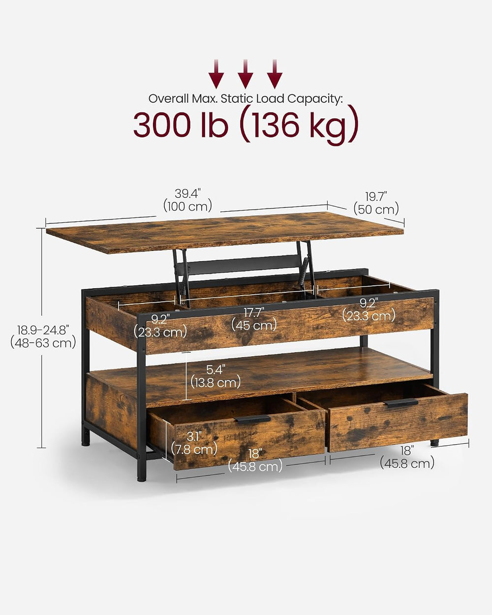 VASAGLE Lift Top Coffee Table with Storage Drawers, Hidden Compartments