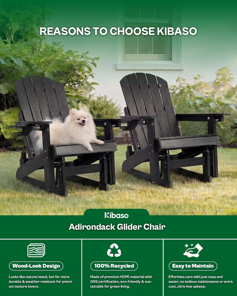 Adirondack Chair, All-Weather Outdoor Glider, Black