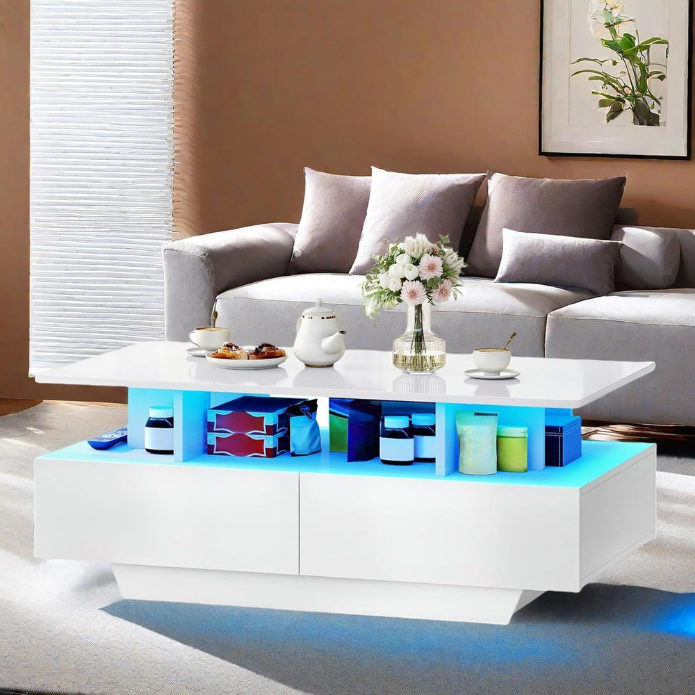 DWVO LED Coffee Table with Storage 4 Drawers, Modern High Glossy Coffee Table...