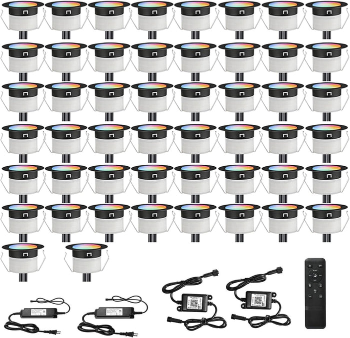 FVTLED LED Deck Lights Kit, 50pcs Φ1.22 WiFi Smart Phone Control Low Voltage Recessed RGBW Deck Lighting Waterproof Outdoor Yard Path Stair Decor, Black