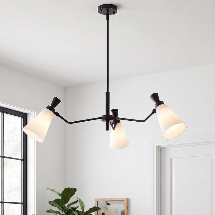Black Dining Room Light Fixtures Over Table, 3-Light 33.5" Modern Farmhouse Chandelier with Milk Glass and Rods Adjustable Height for Kitchen Island, Foyer, Entryway, Living Room, E26 Base