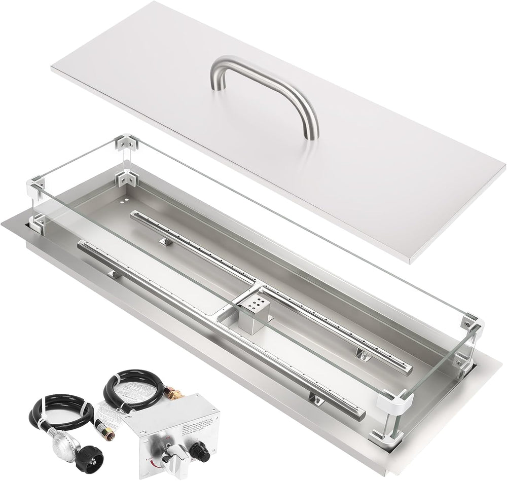 Hisencn 30 x10 Inch Drop-in Fire Pit Kit with Glass Wind Guard and Lid