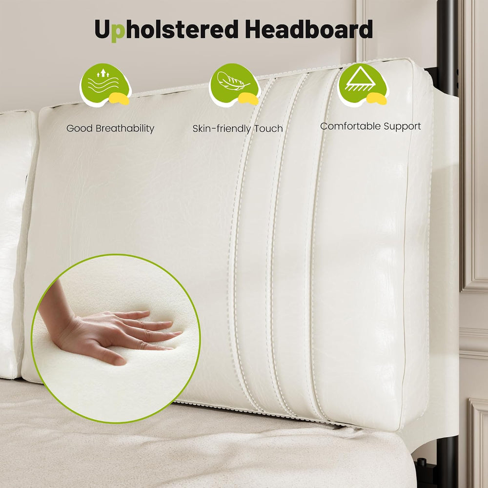 King Canopy Bed Frame with Tall Upholstered Faux Leather Headboard