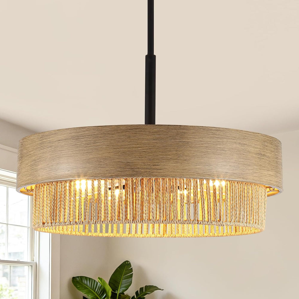 23.6" Large Wood Texture Drum Chandelier for Dining Room with Woven Rattan