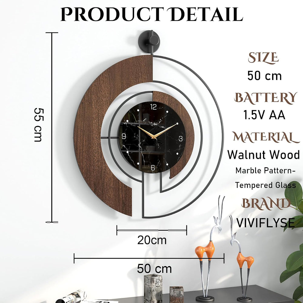 Modern Walnut Marble Dial Wall Clock, Large Wood Metal Frame Silent Non Ticki...