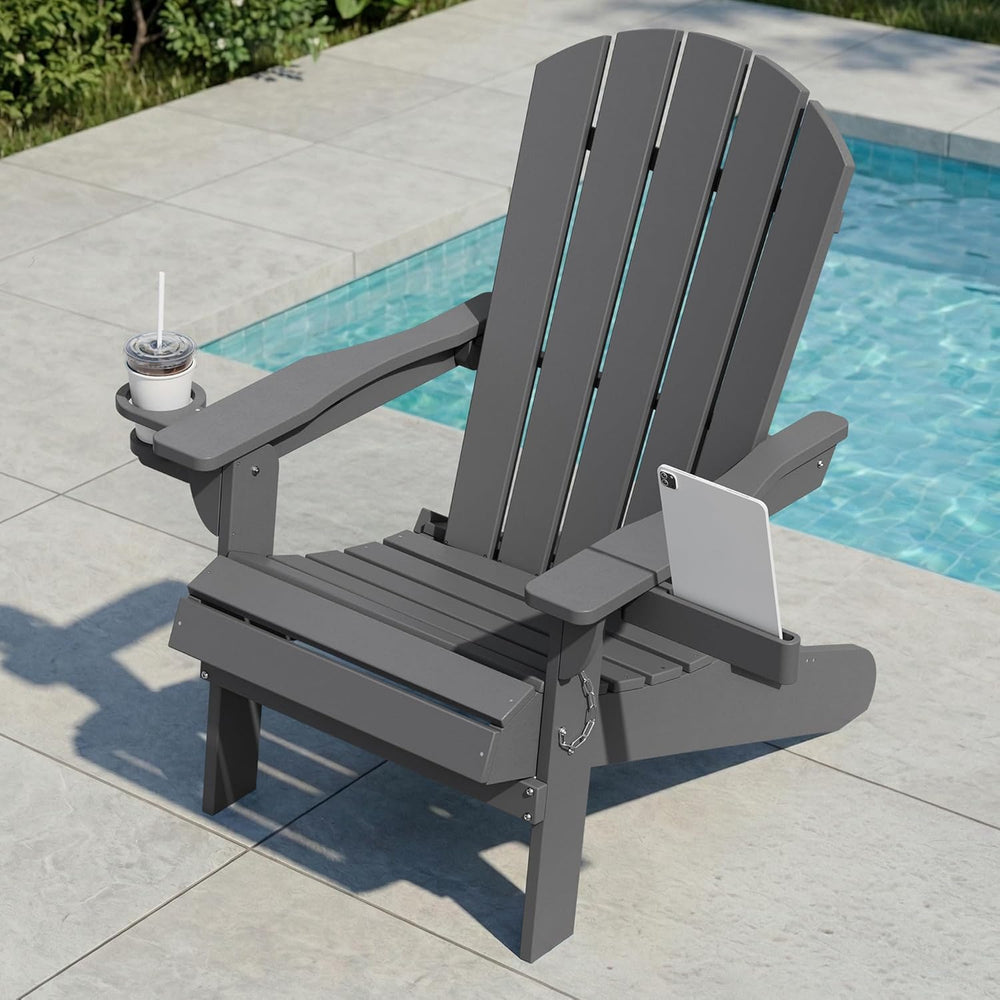 Shintenchi Folding Adirondack Chair,HDPE All-Weather Patio Chair with Cup Hol...