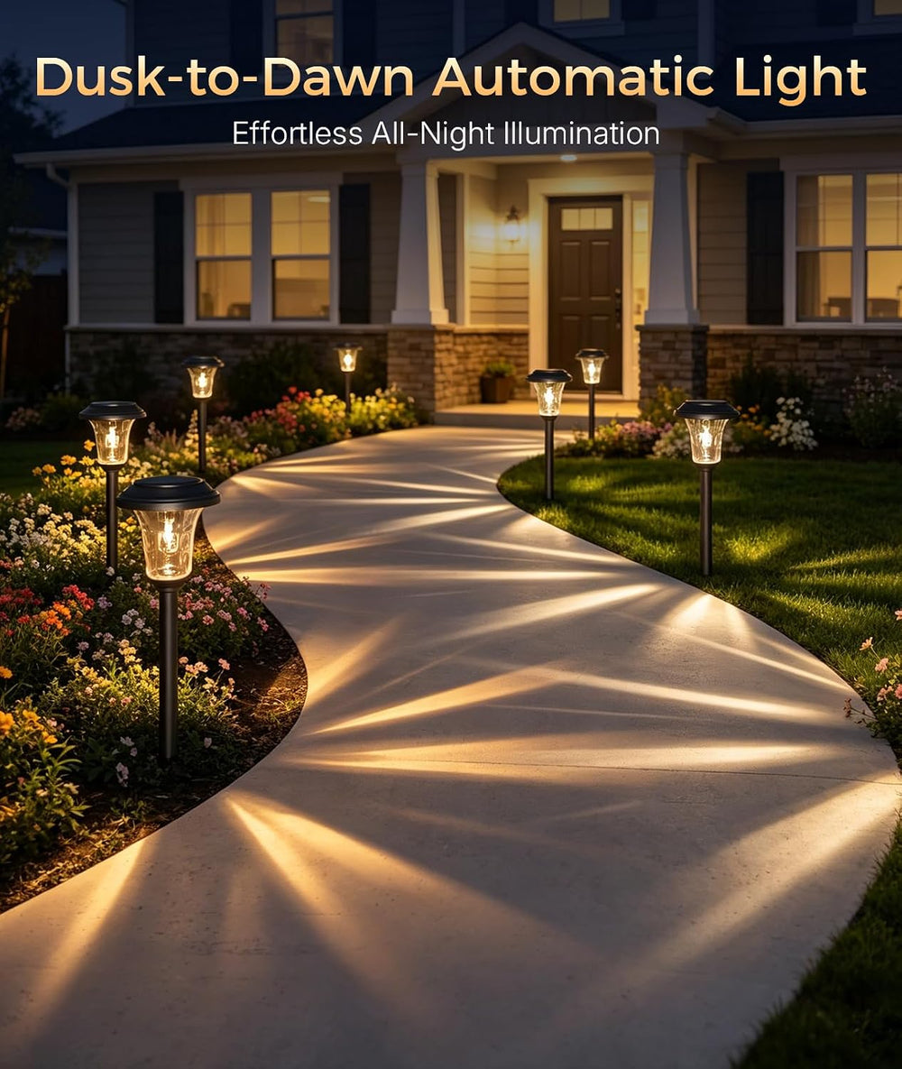 XMCOSY+ Solar Garden Lights 4 Pack, Metal Glass Solar Pathway Light Outdoor