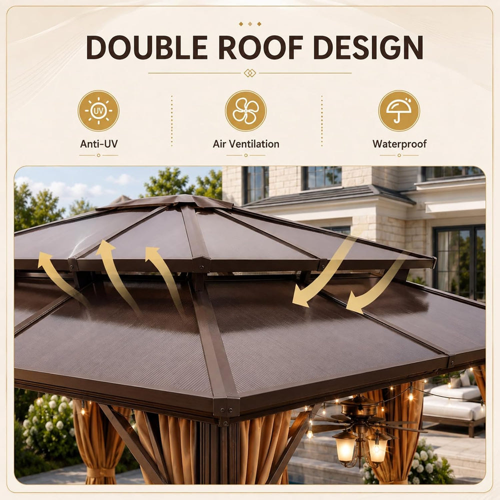 Aoxun 12'x16' Outdoor Gazebo with Double Polycarbonate Roof Brown