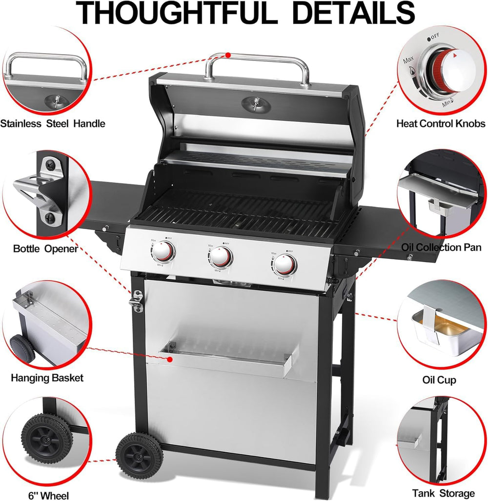 3 Burner Propane Gas Grill, Stainless Steel Cabinet with Side Table & Ful...