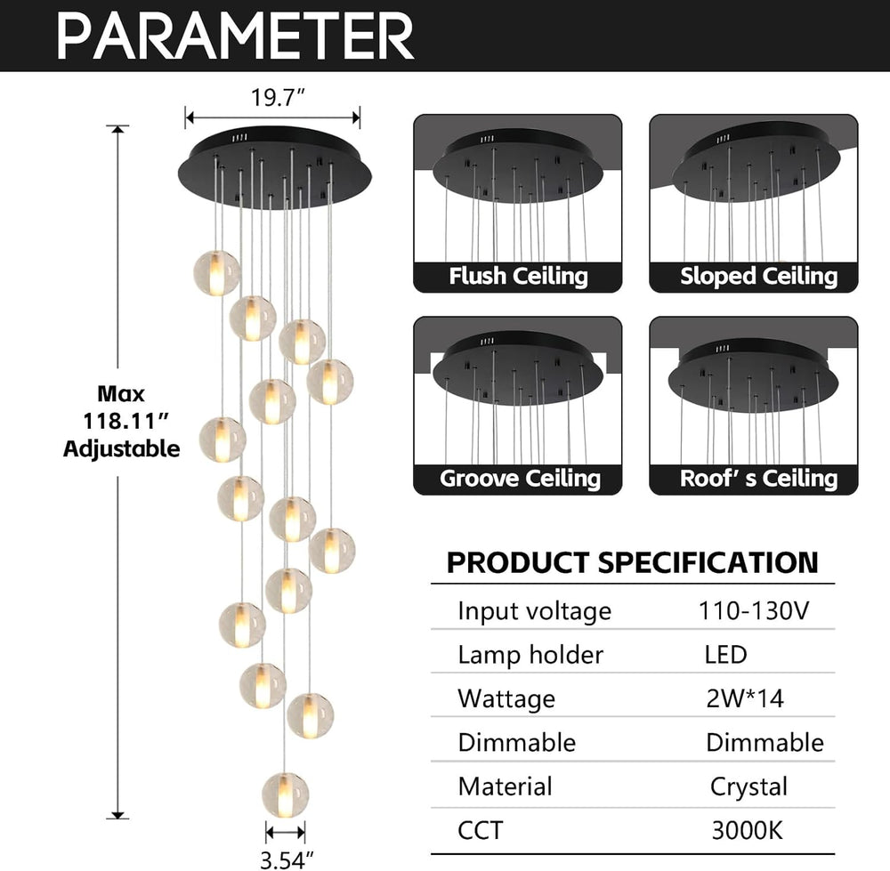 14 Lights Staircase Chandelier for High Ceiling, Dimmable Modern Crystal Rain...