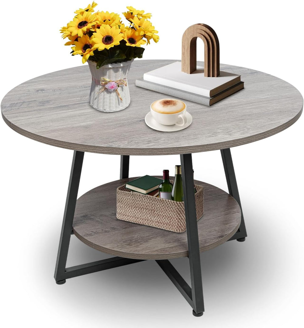 Round Coffee Table, 2-Tier Circle Coffee Table with Storage, Modern Wood Roun...