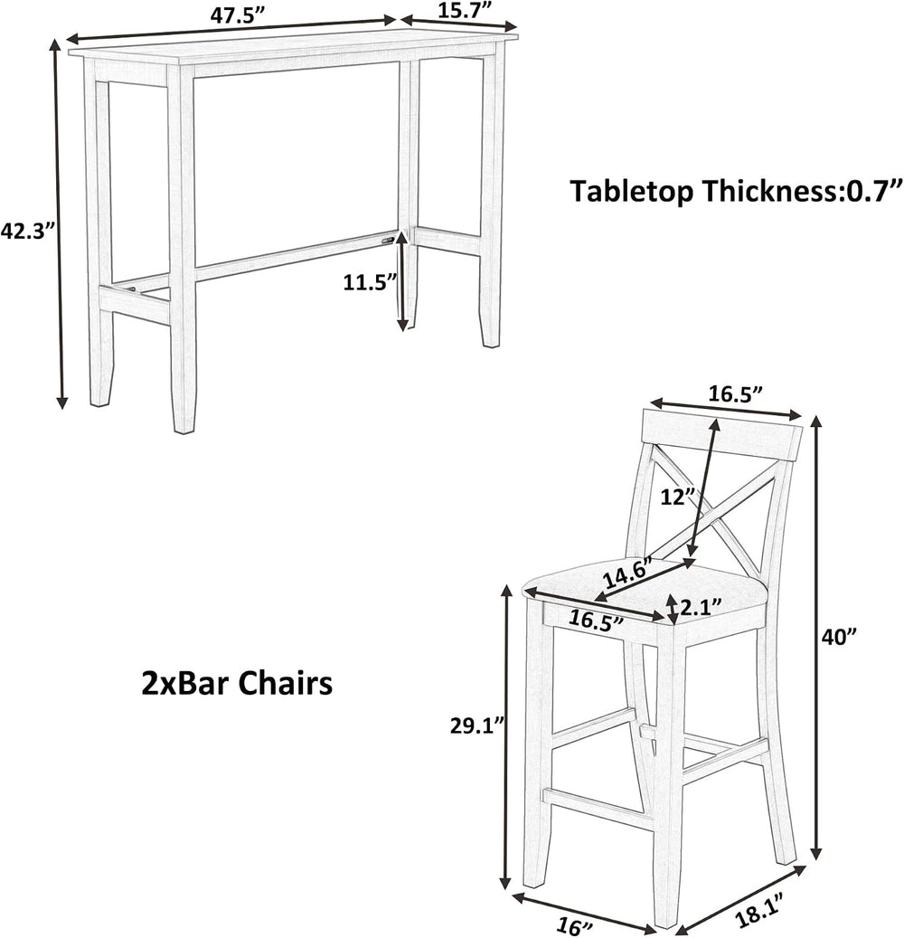 LUMISOL 3 Piece Pub Table and Chair Set, Small Bar Height Kitchen Table and C...