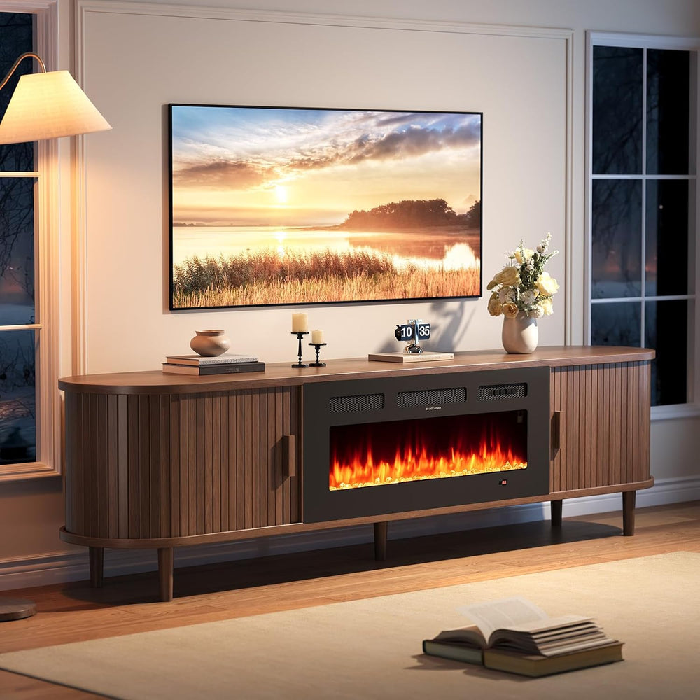 70" Mid Century Modern TV Stand with Fireplace, Fluted Fireplace TV Stan...