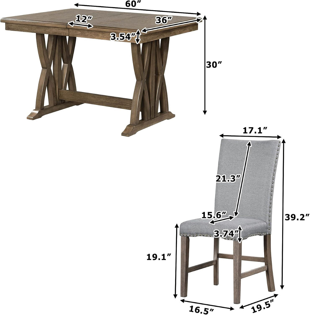 Mid-Century Extendable Dining Table Set for 6, Solid Wood 7-Piece Dining Tabl...