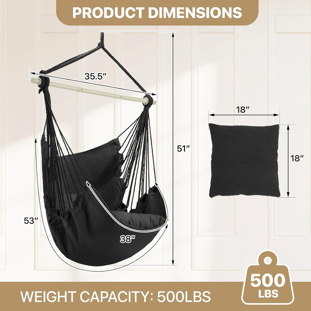 MoNiBloom Hammock Chair Hanging Rope Swing w/2 Cushions, Hold 350lbs, Black