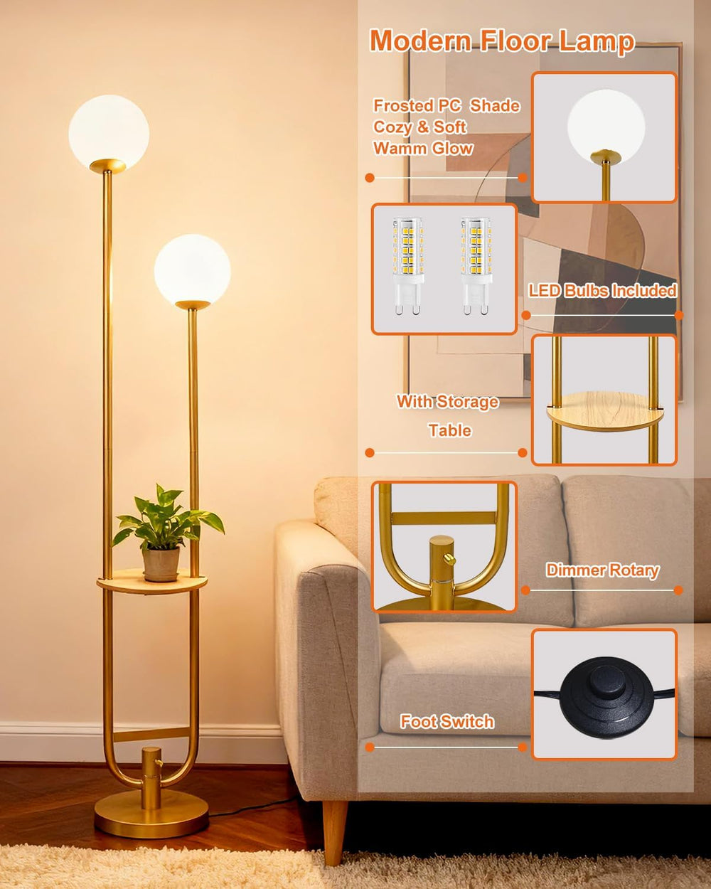 Lightdot 63IN Gold Floor Lamp with Table 2 Globe Mid Century Standing Lamps w...