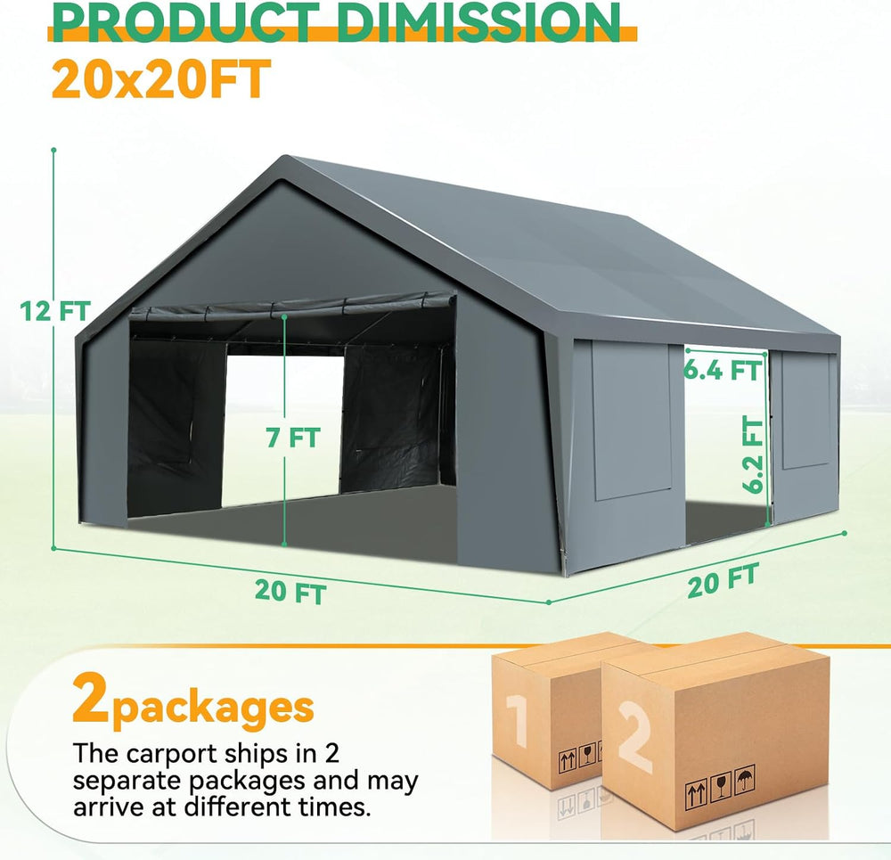 COBIZI Carport 20x20 Heavy Duty 2 Car Carport Canopy, Gray