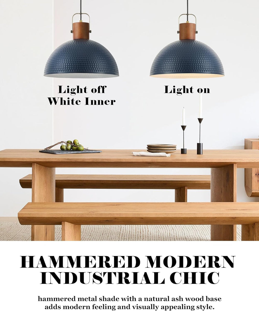 ELYONA 16” Large Ash Wood Pendant Light with Hammered Blue Metal & Brushe...
