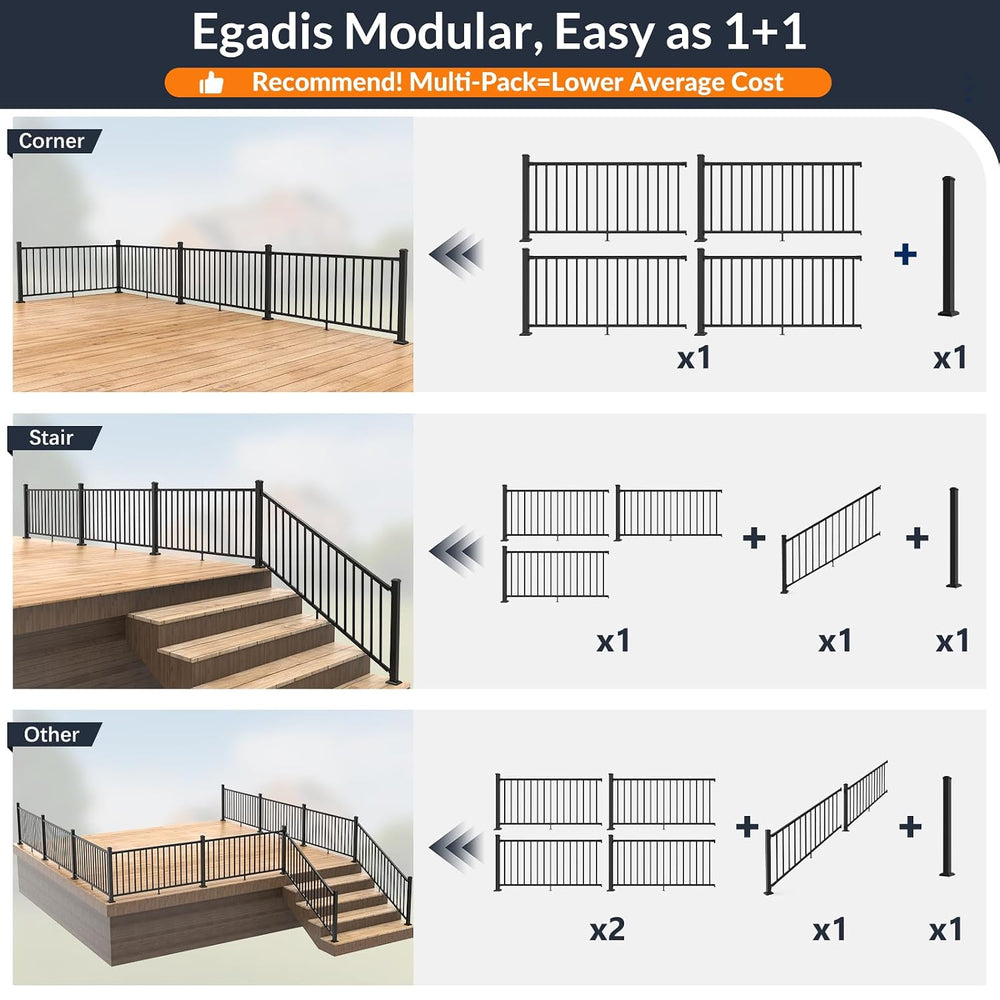 Egadis 1 Pack 36 in x 6 ft Modular Aluminum Porch and Deck Railing Kit
