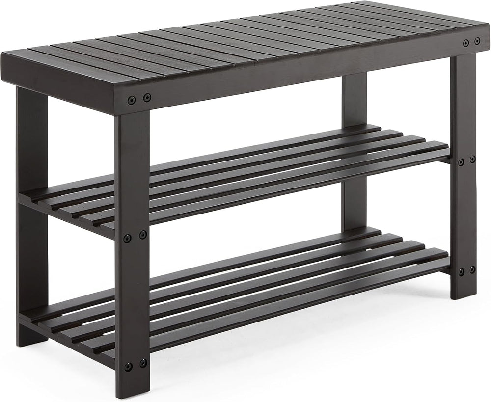 DUMOS Wooden Shoe Rack Bench with Storage, 3-Tier Bamboo Entryway Benches, Sh...