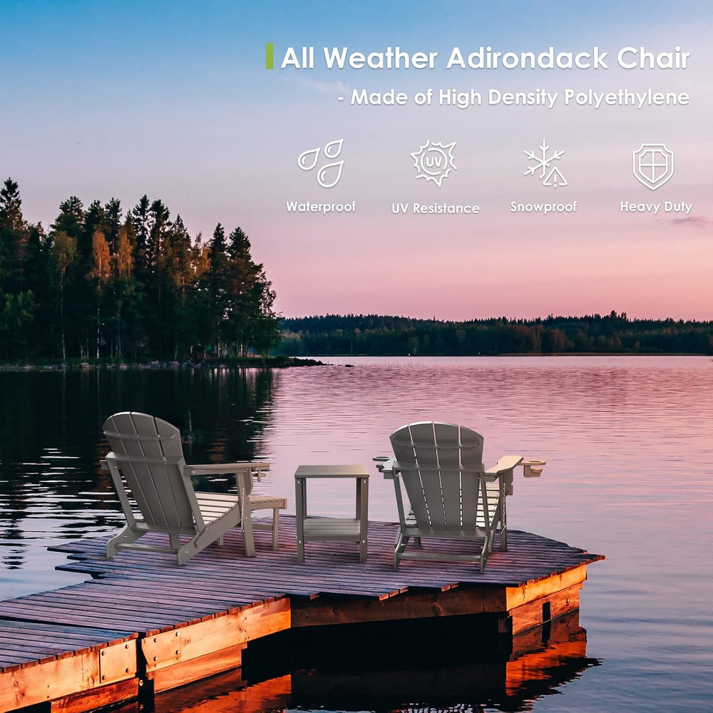 GREENVINES Folding Adirondack-Chairs-with-Ottoman Set of 2, HDPE, Grey
