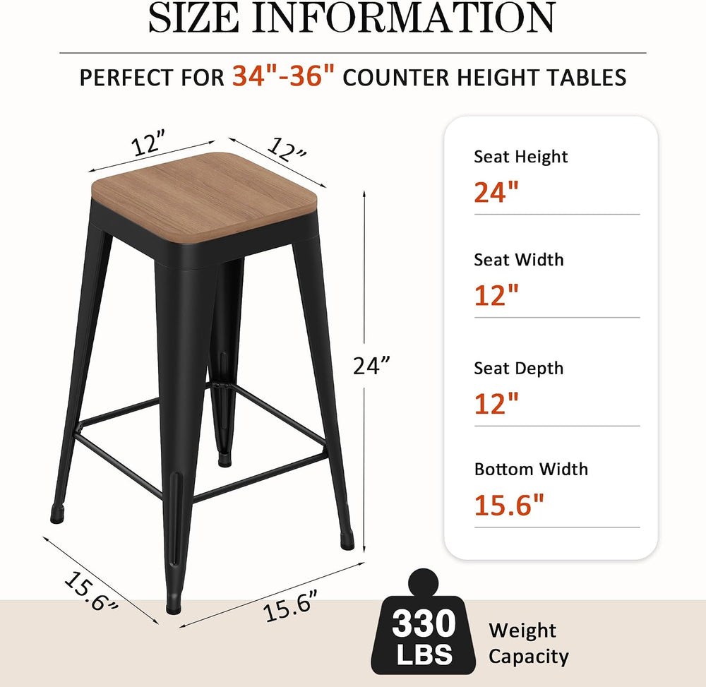 24" Metal Bar Stools Set of 4 Black Counter Height Stools with Wood Seat...