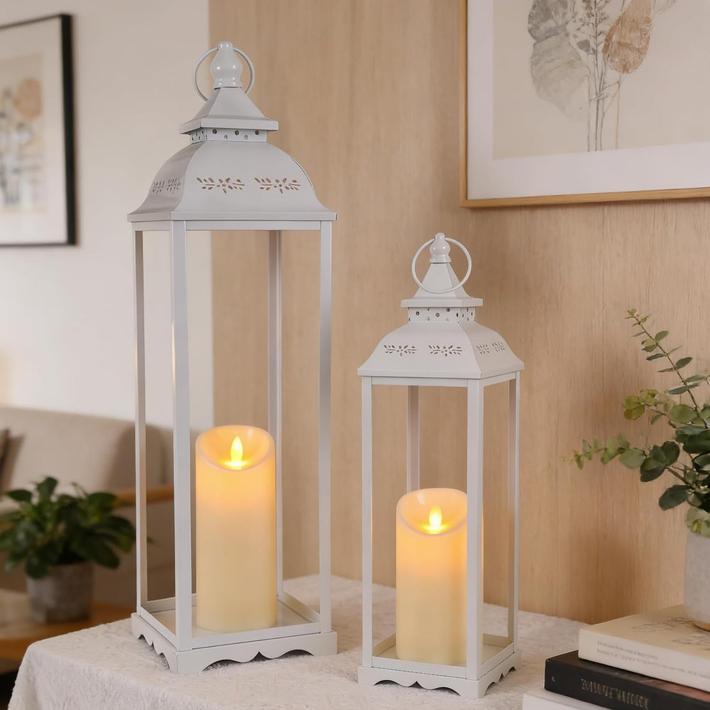 Decorative Candle Lanterns, Large 2Pcs, White Metal for Indoor & Outdoor