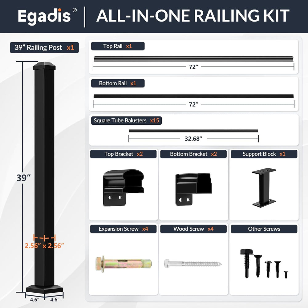Egadis 1 Pack 36 in x 6 ft Modular Aluminum Porch and Deck Railing Kit
