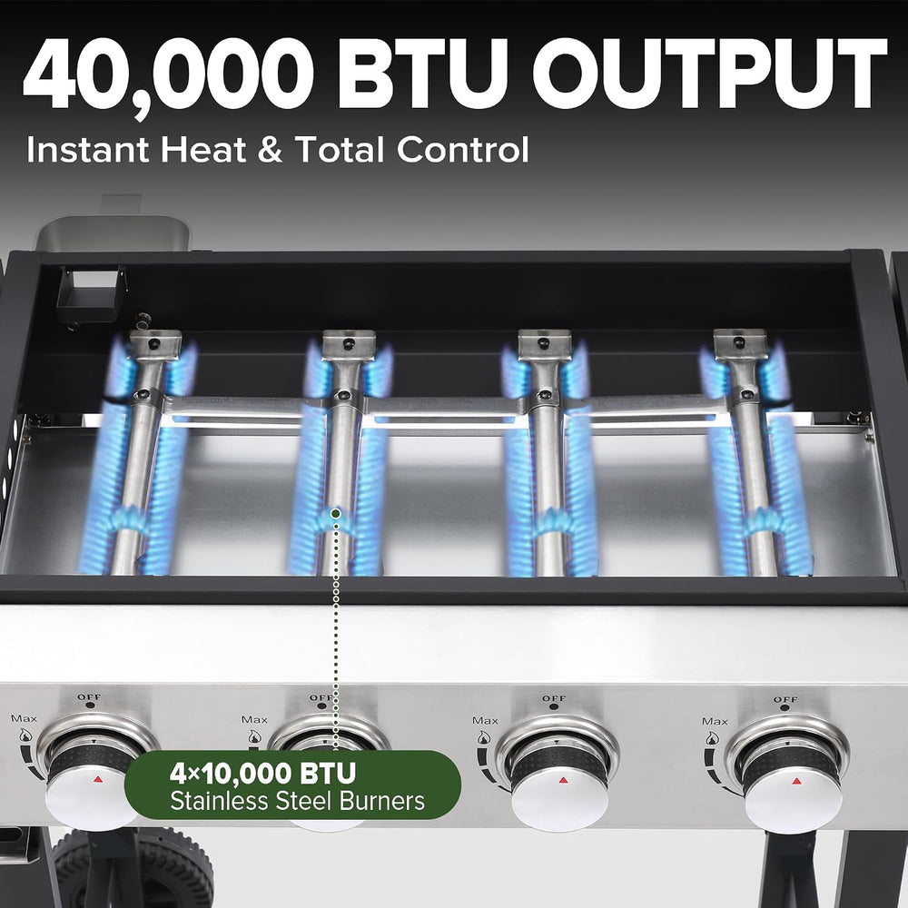 4-Burner Flat Top Grill with Folding Side Tables, 40,000 BTU