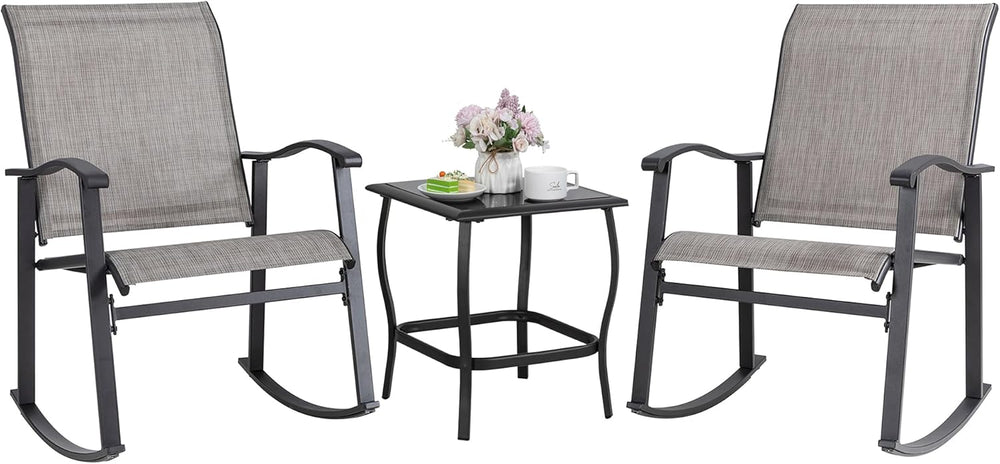 Shintenchi 3 Piece Rocking Bistro Set, Outdoor Furniture with Rocker Chairs a...