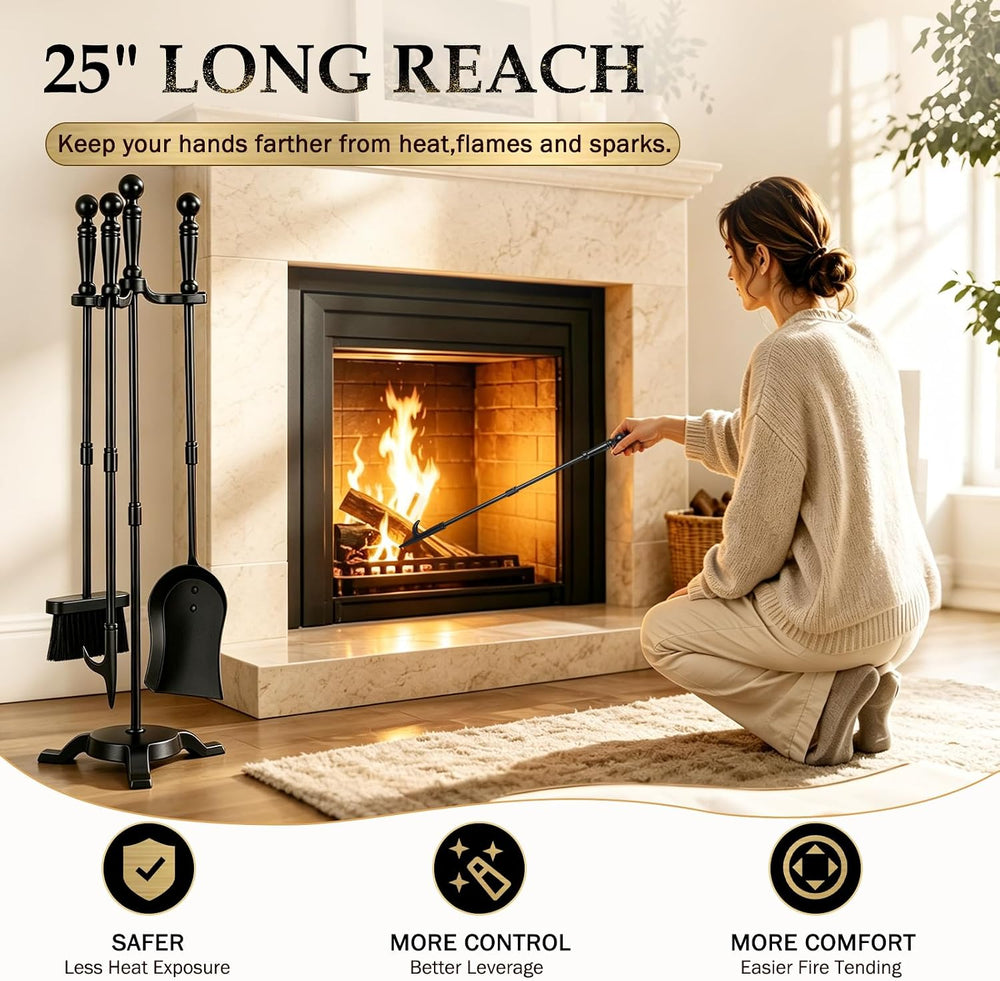 FEED GARDEN 4-Piece Fireplace Tool Set with Stand, 30In Wrought Iron, Black