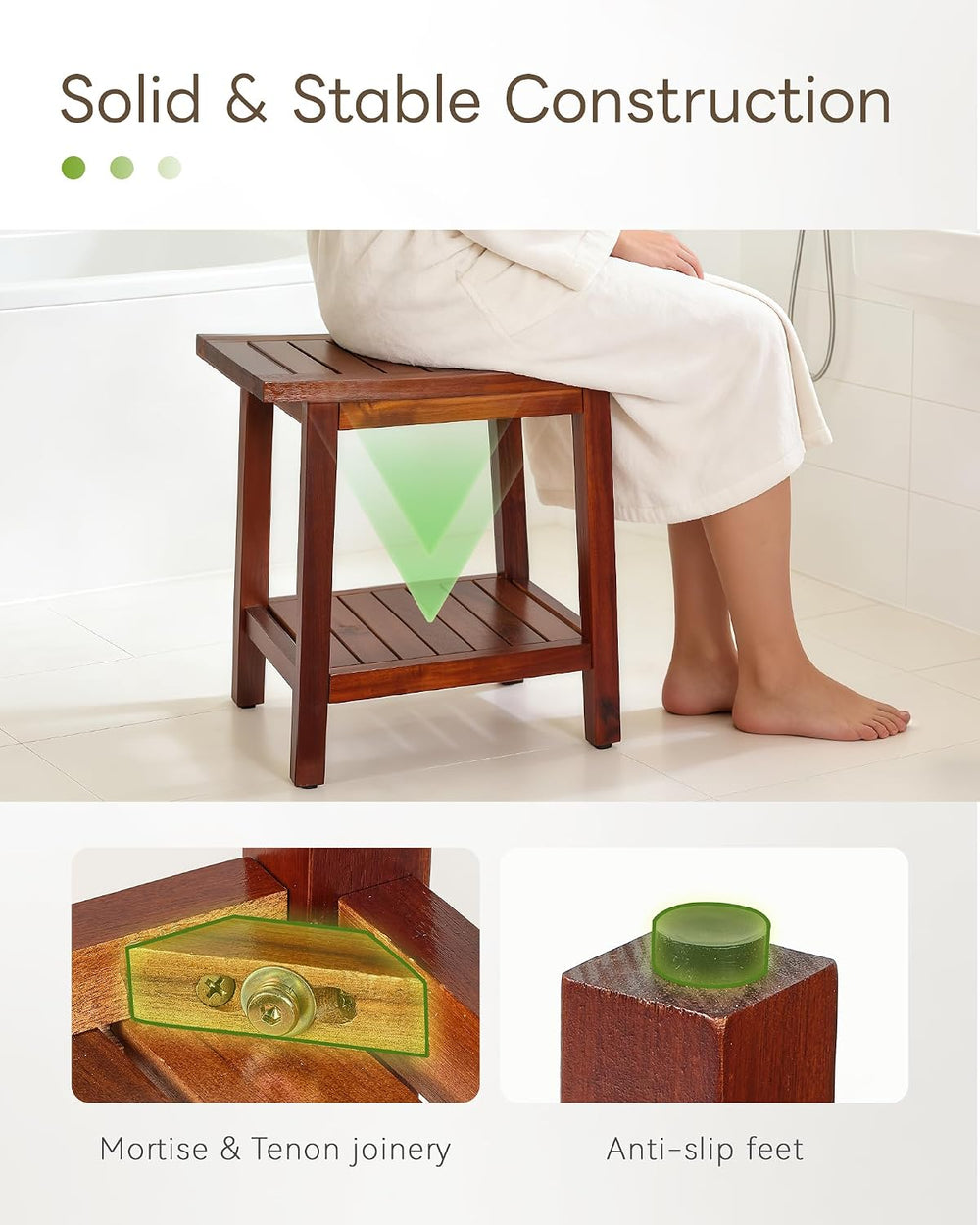 Upolana Teak Shower Bench, 16" Solid Acacia Wood Shower Stool Waterproof...