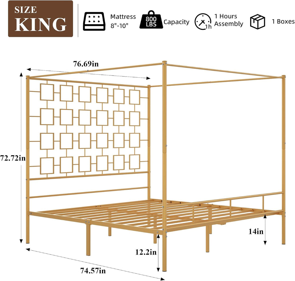King Canopy Bed Frame, Gold Metal Bed, No Box Spring Needed