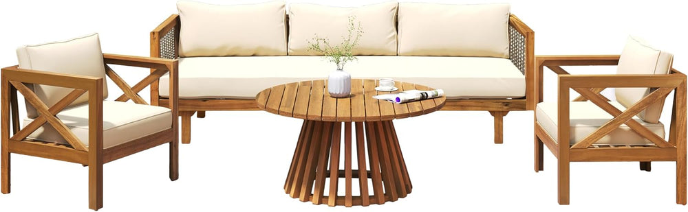 Merax Outdoor 4-Piece Acacia Wood Conversation Set - Patio 3-Seat Loveseat So...