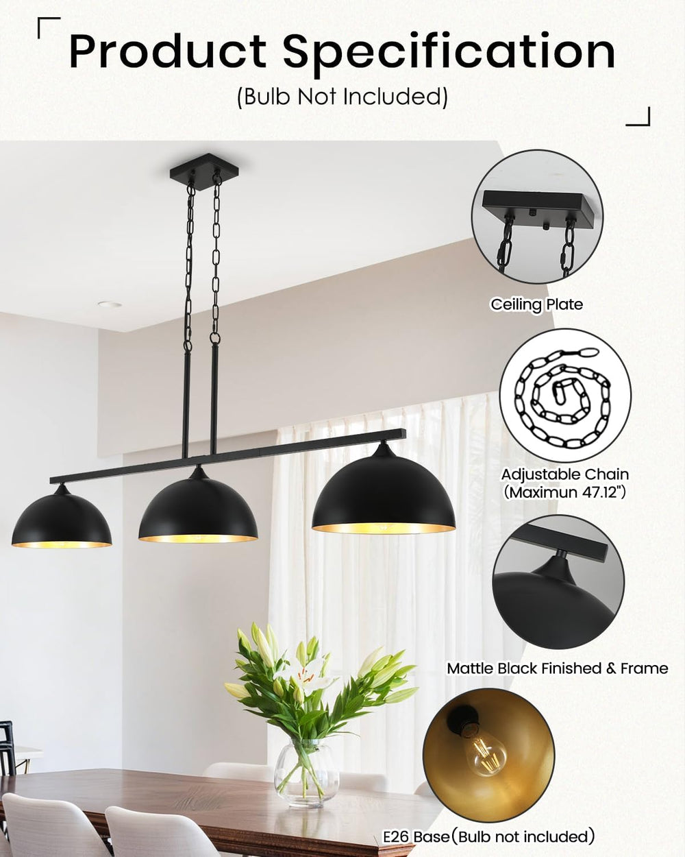 3-Light Island Light for Kitchen, Farmhouse Industrial Dining Room Light Fixt...