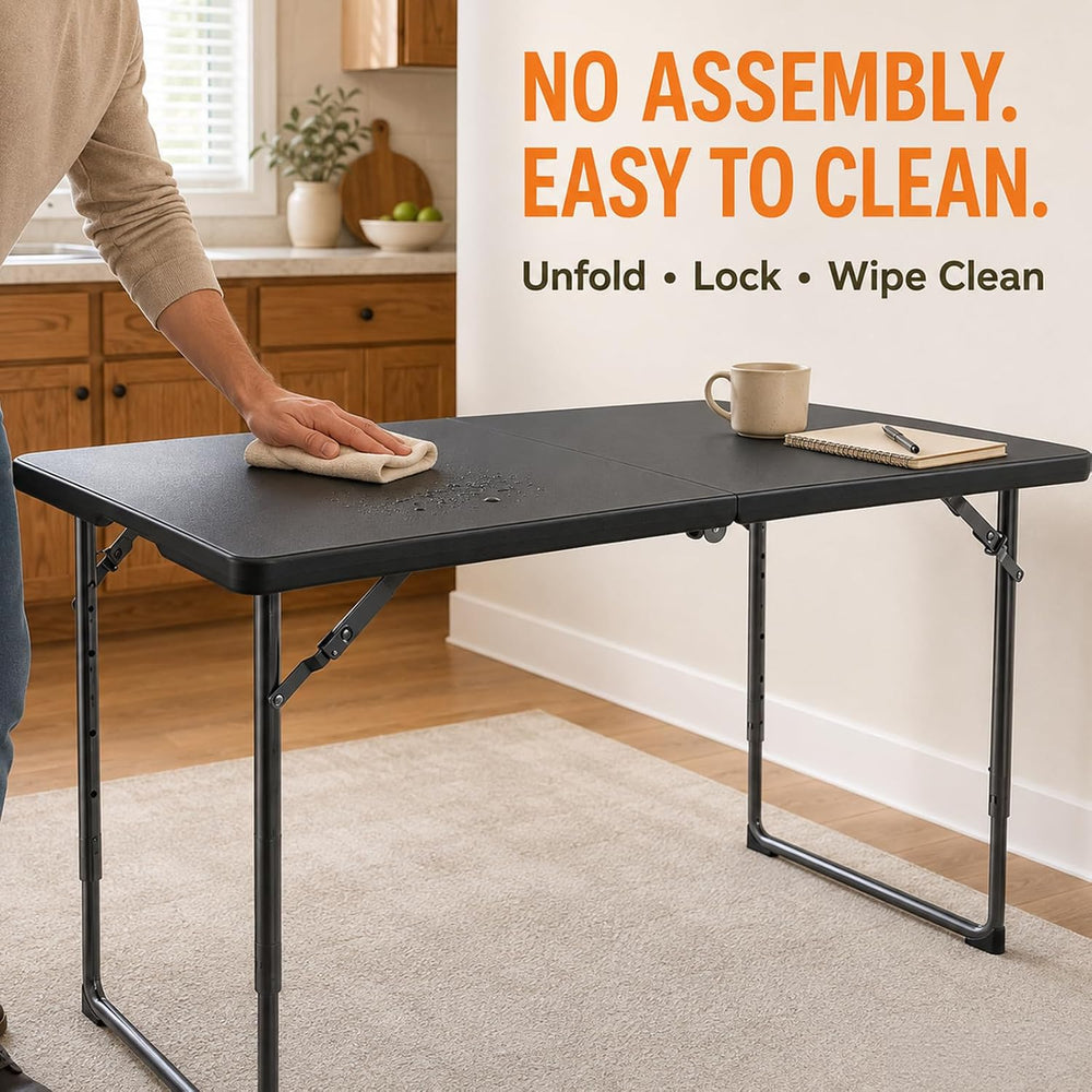 4FT Folding Table 3 Levels Adjustable Height, Heavy Duty Fold-in-Half Portabl...
