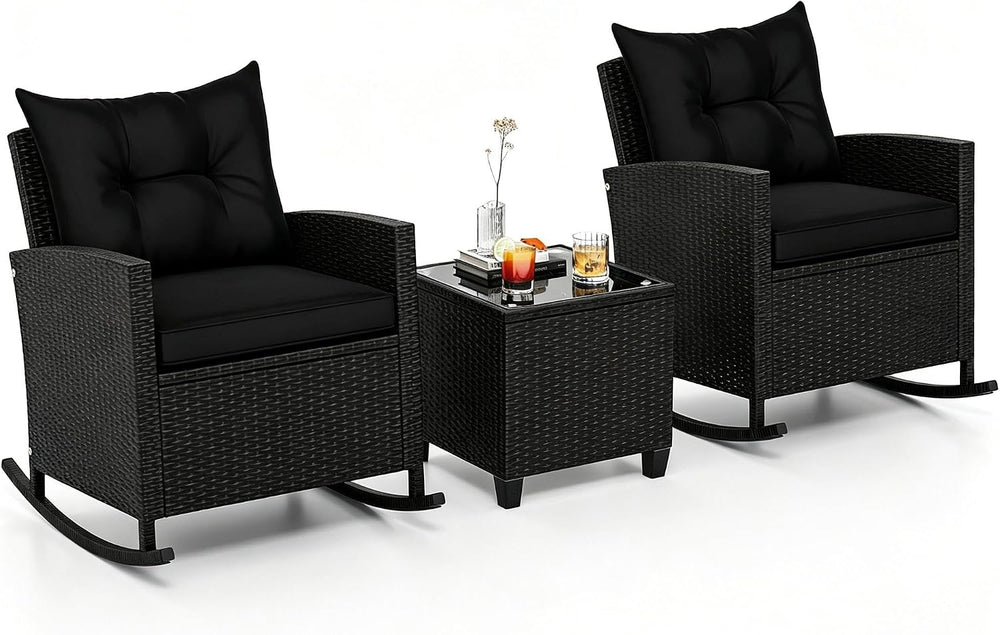 ORALNER 3 Pieces Patio Rocking Chair, Black Wicker Bistro Set (Black)