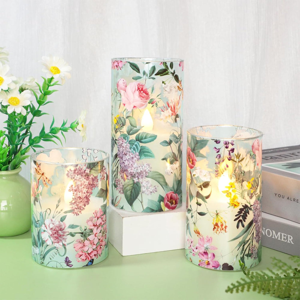 Glass Flameless Candles with Remote Timer Floral Battery Operated LED Flicker...